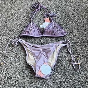 PQ Isla Top and Ruched Tie Full Bikini Bottom in Violet Sunset large and D